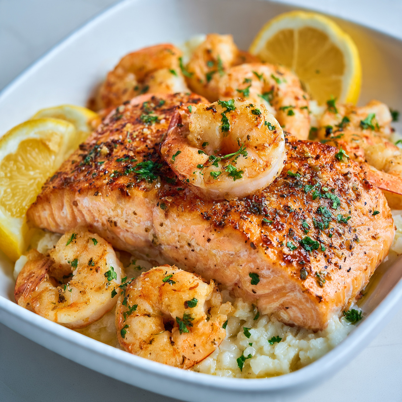 Baked Salmon with Lemon Parmesan Shrimp