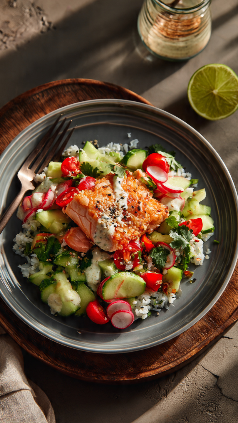 Crispy Rice Salmon Cucumber Salad with Creamy Asian Dressing
