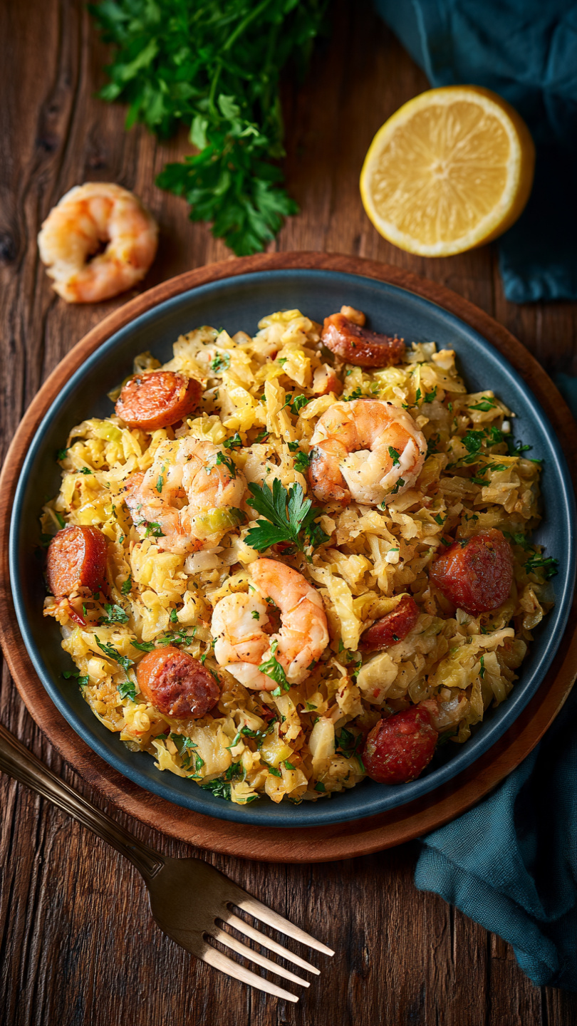 Fried Cabbage with Shrimp and Sausage