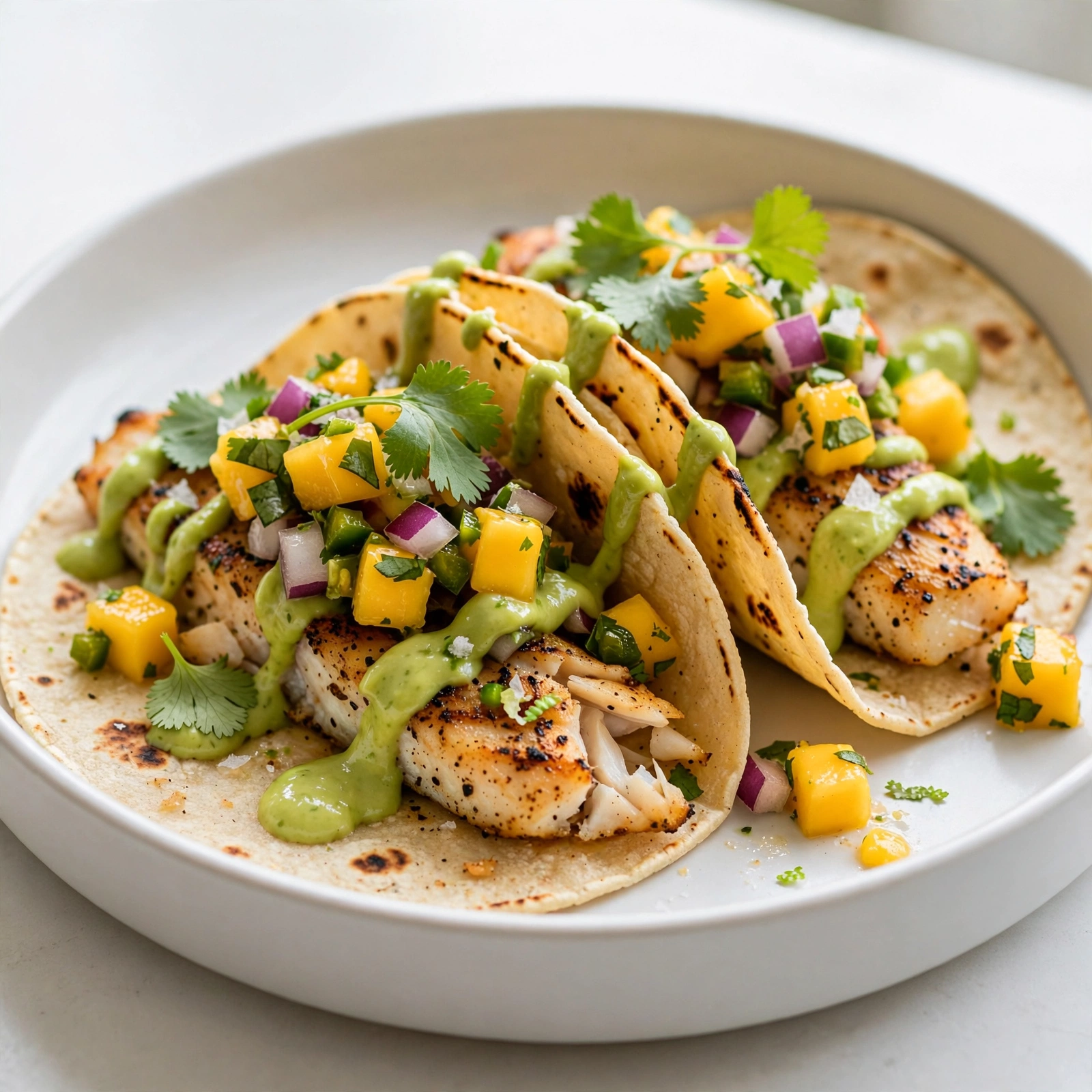 Grilled Fish Tacos with Mango Salsa and Avocado Lime Sauce