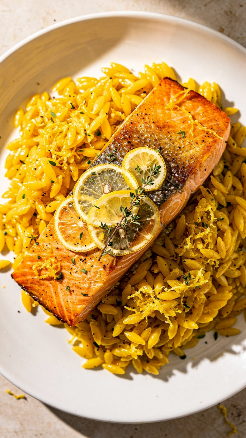 Seared Salmon with Lemon Orzo