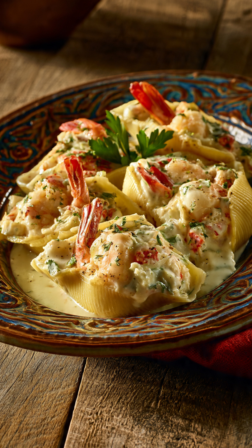 Shrimp and Crab Stuffed Shells with Alfredo Sauce